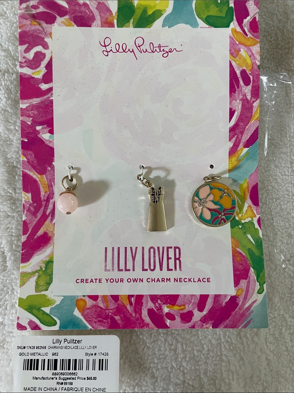 Lilly Pulitzer Pink Bead & Gold Dress Charm Necklace Set with Floral Enamel Disc